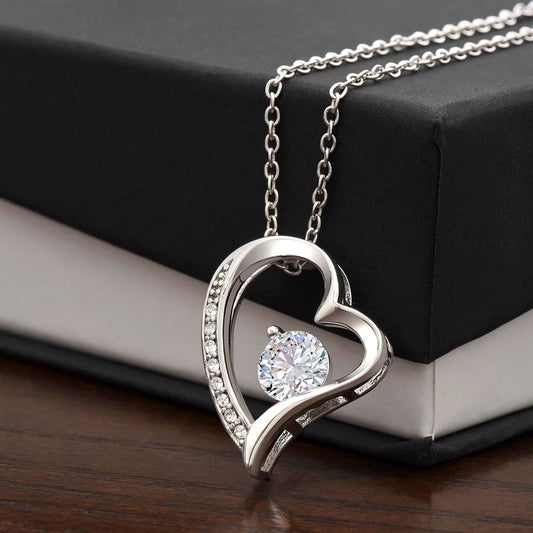 14k White Gold Finish / Standard Box Forever Love Necklace – Heart Pendant with Sparkling CZ Crystals