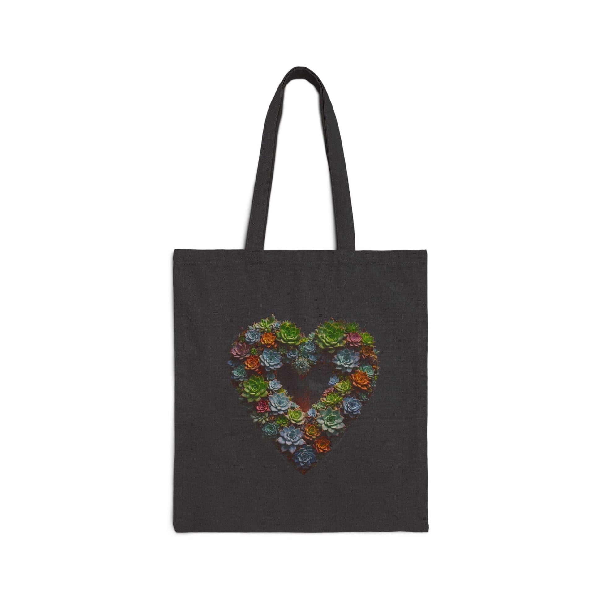 Black / 15" x 16" Heart Succulent Cotton Canvas Tote Bag