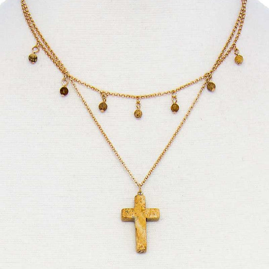 Brown Double Layered Cross Pendant Chain Necklace