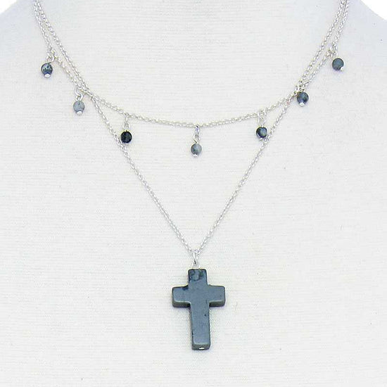 Grey Double Layered Cross Pendant Chain Necklace