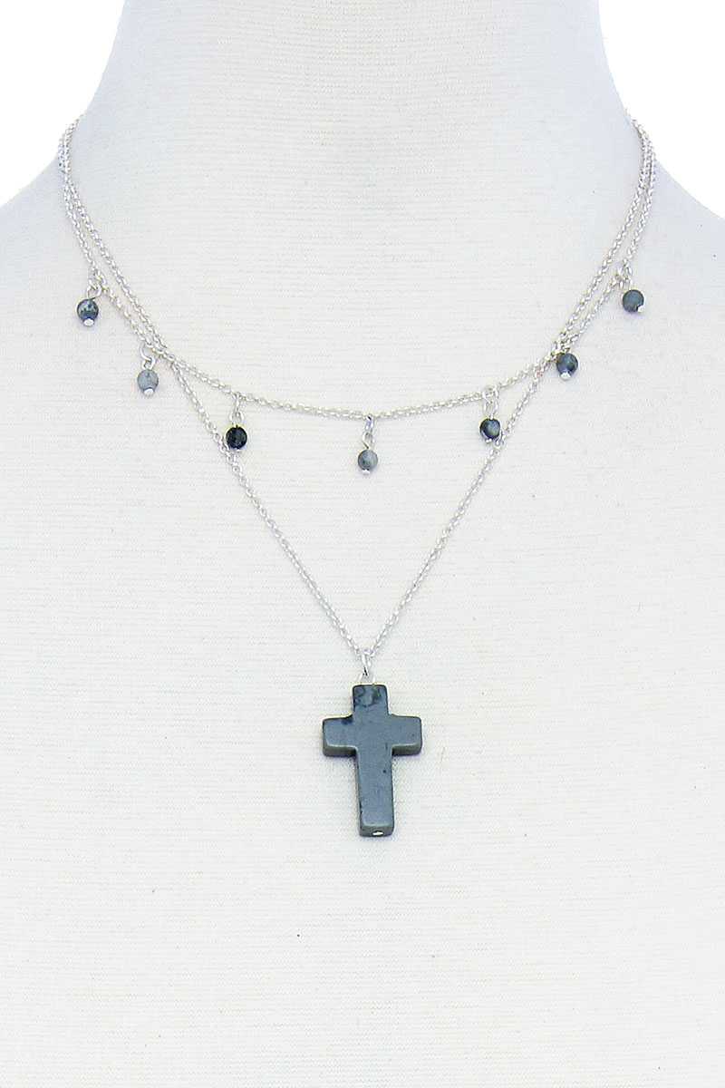 Grey Double Layered Cross Pendant Chain Necklace