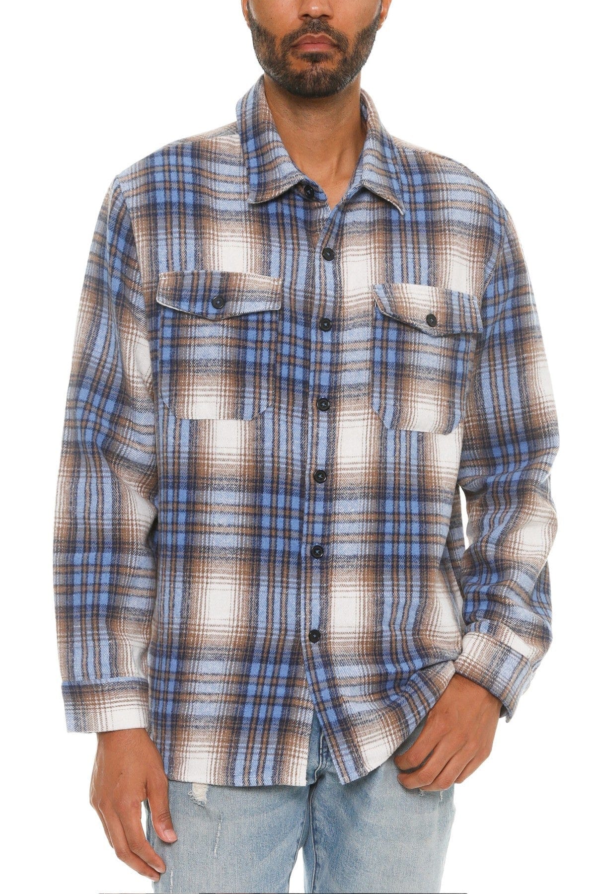 L Men's Checkered Soft Flannel Shacket - Blue Sand