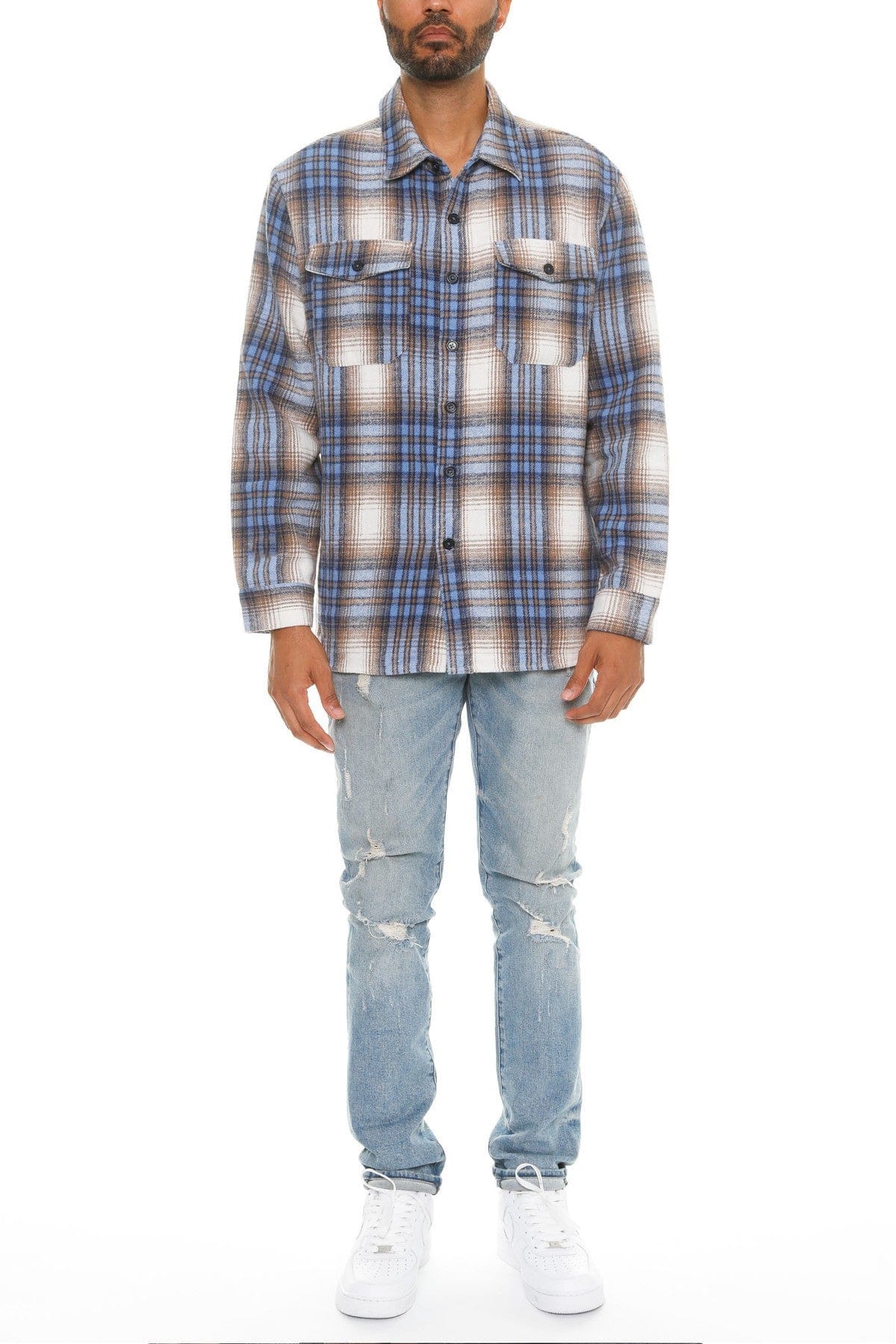 M Men's Checkered Soft Flannel Shacket - Blue Sand