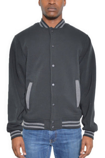 Mens Fleece Snap Button Varsity Jacket-Black/Charcoal