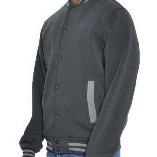 Mens Fleece Snap Button Varsity Jacket-Black/Charcoal