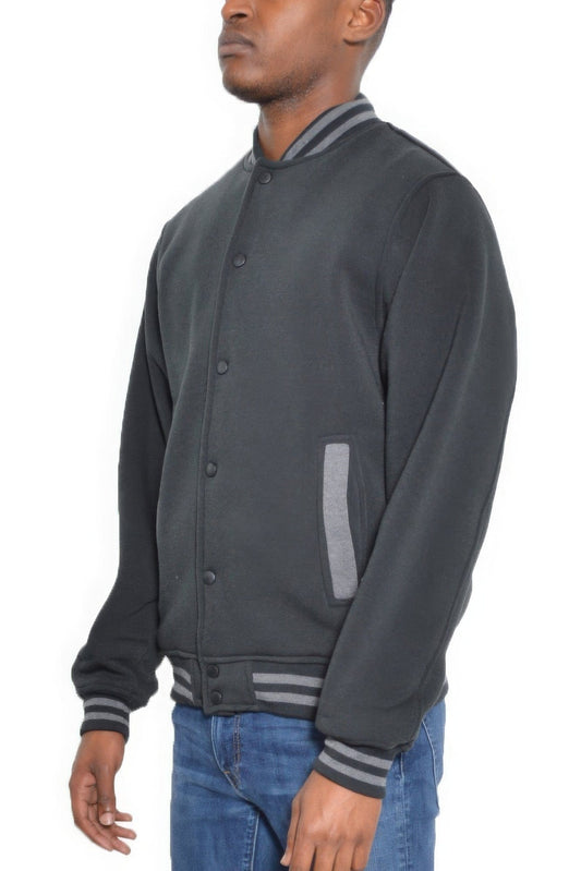 Mens Fleece Snap Button Varsity Jacket-Black/Charcoal