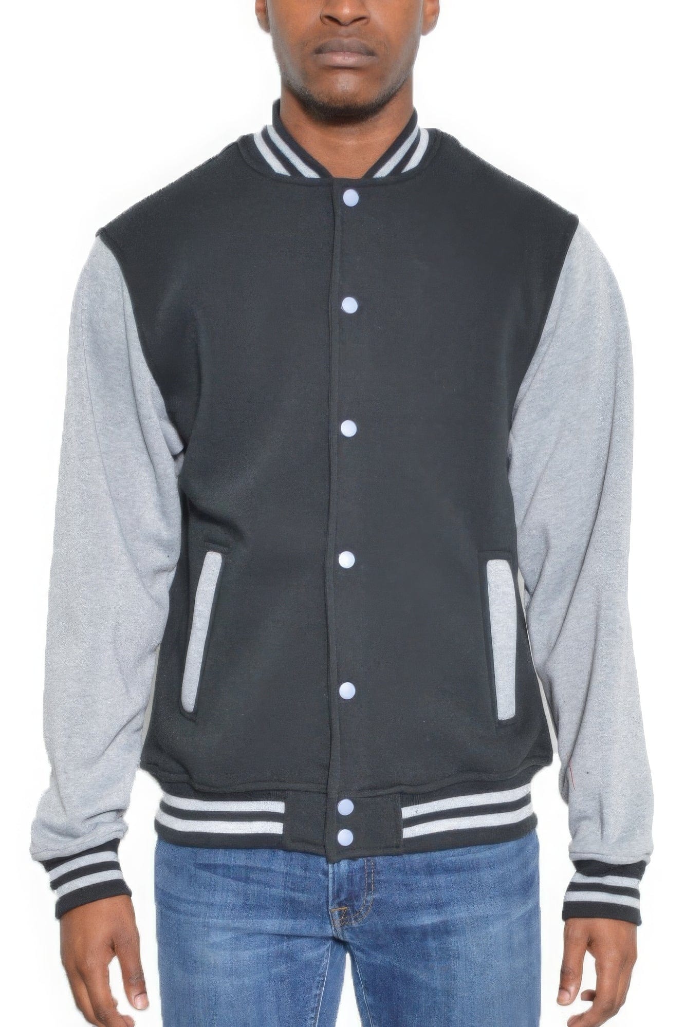 Mens Fleece Snap Button Varsity Jacket-Black/Grey