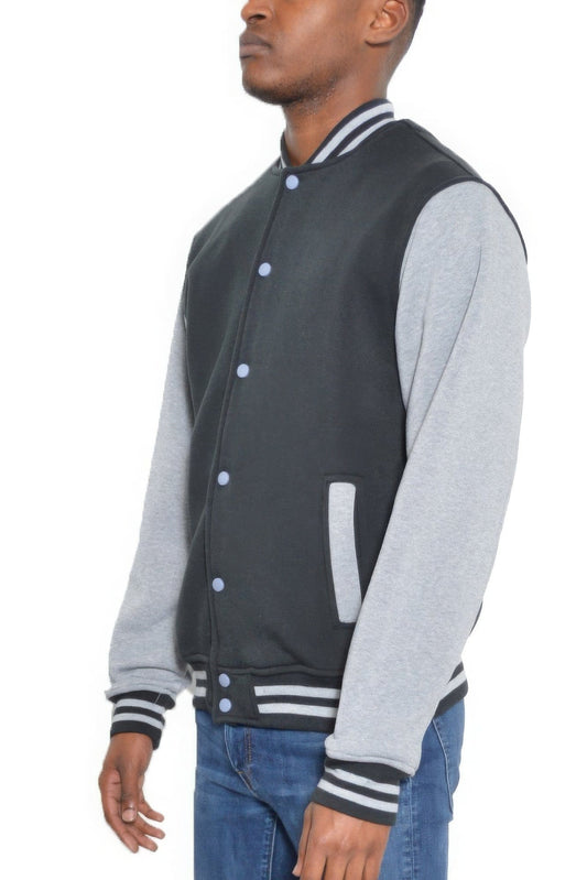 Mens Fleece Snap Button Varsity Jacket-Black/Grey