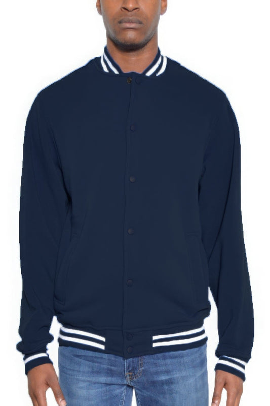 Mens Fleece Snap Button Varsity Jacket-Navy