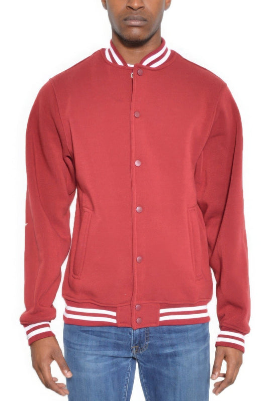 Mens Fleece Snap Button Varsity Jacket-Red