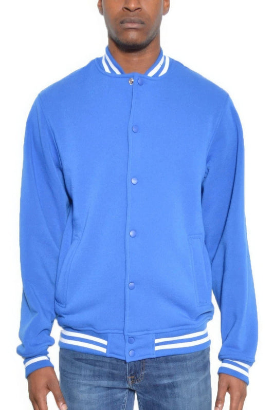 Mens Fleece Snap Button Varsity Jacket-Royal