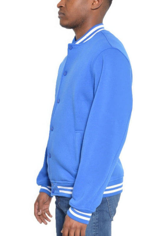 Mens Fleece Snap Button Varsity Jacket-Royal