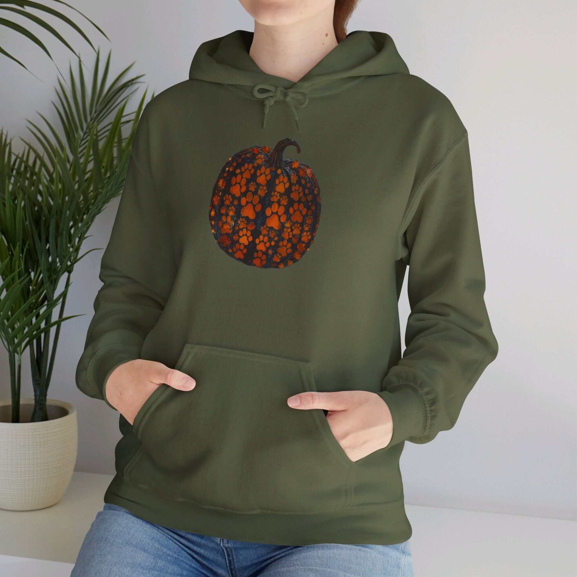 Military Green / S Dog Paw Pumpkin Unisex Heavy Blend™ Hooded Sweatshirt