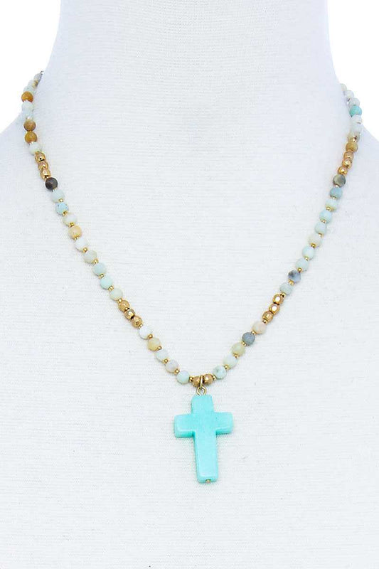 Mint Chic Beaded And Cross Pendant Necklace