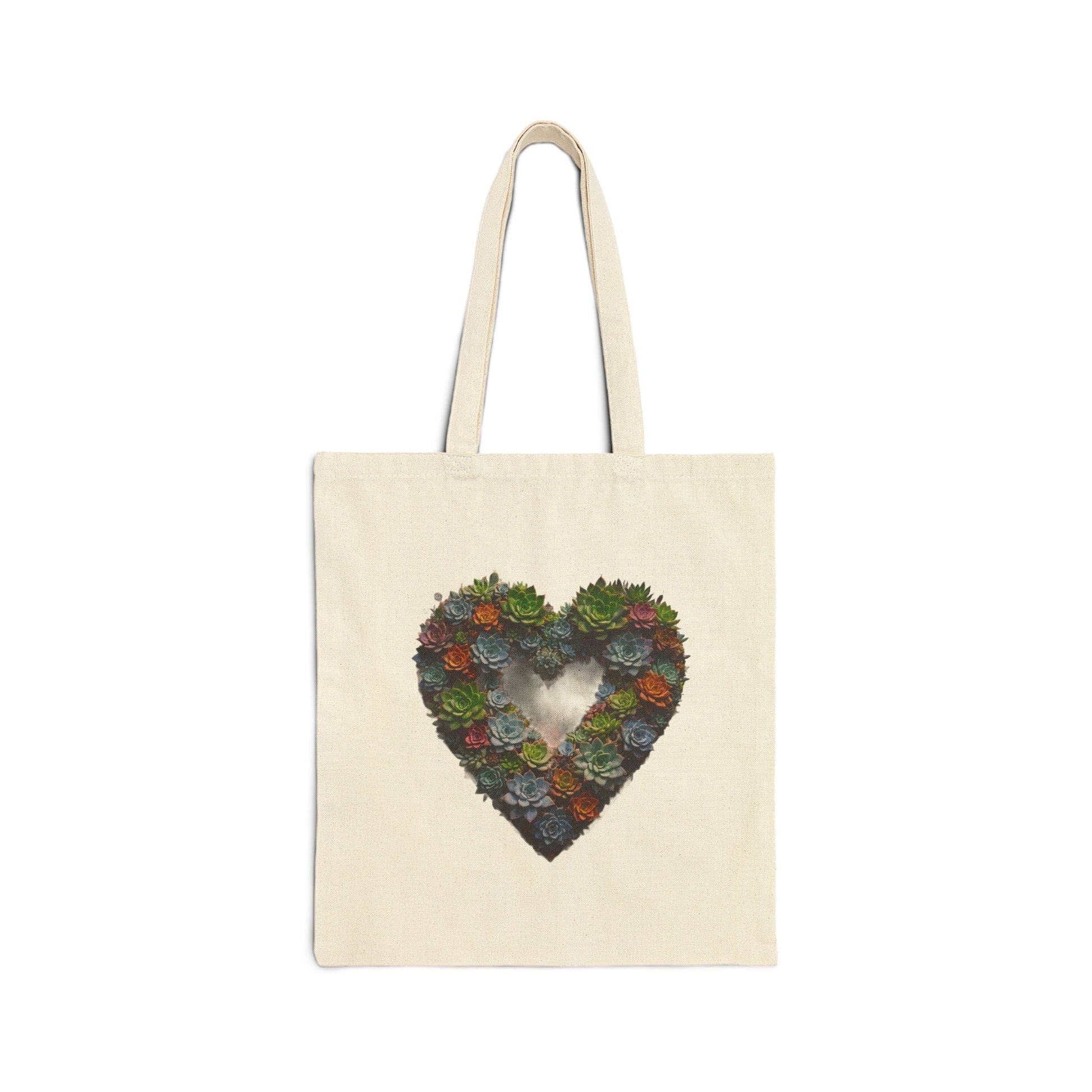 Natural / 15" x 16" Heart Succulent Cotton Canvas Tote Bag