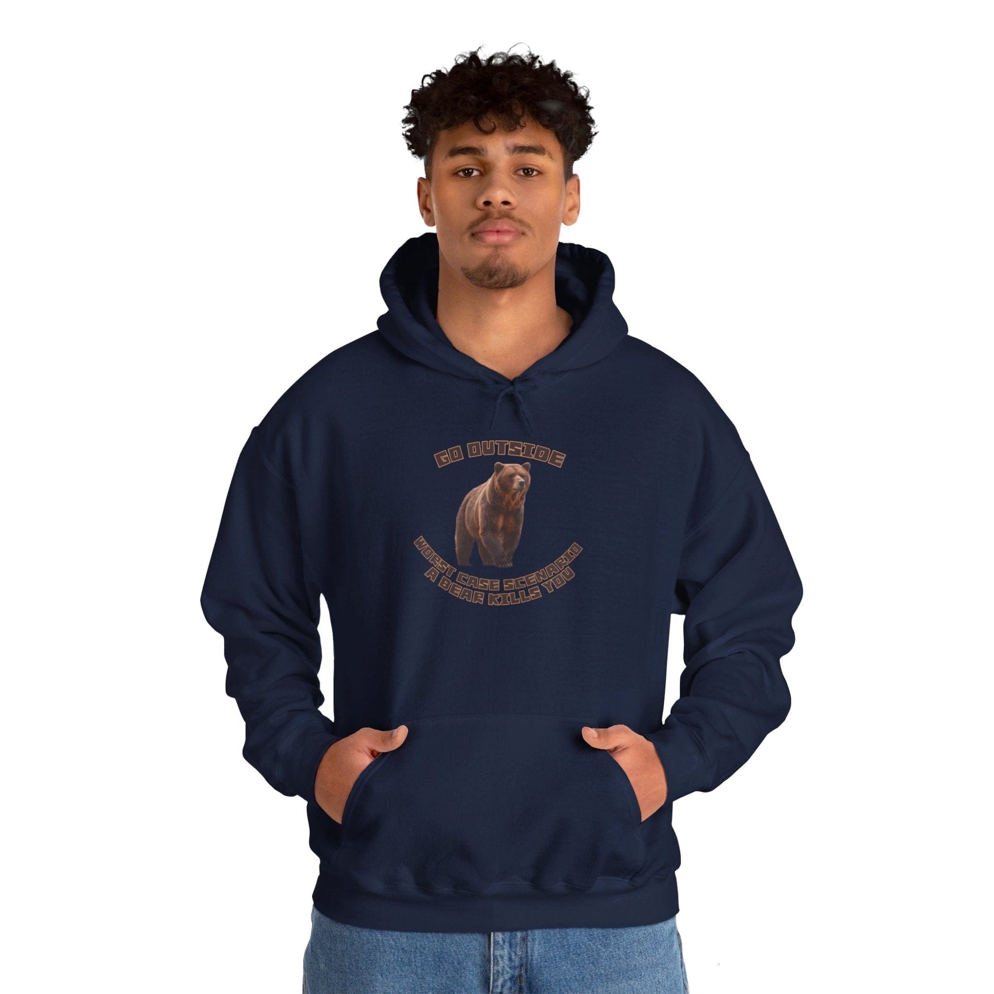 Navy / S Go Outside Worst Case Scenario a Bear Kills You Unisex Heavy Blend™ Hooded Sweatshirt