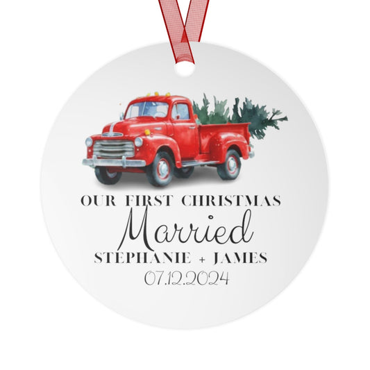 Our First Christmas Married Metal Ornament with Customizable Names/Date