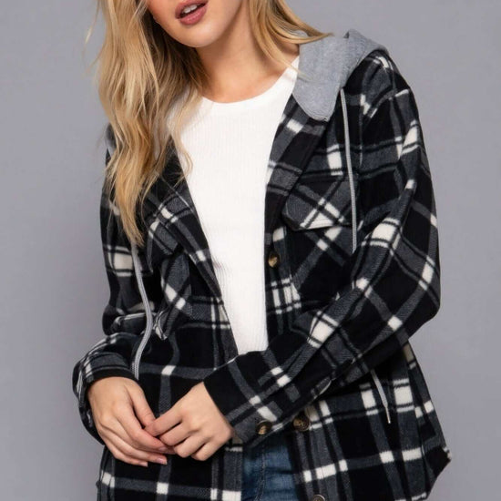 Plaid Print Hoodie Fleece Jacket - Black/Ivory