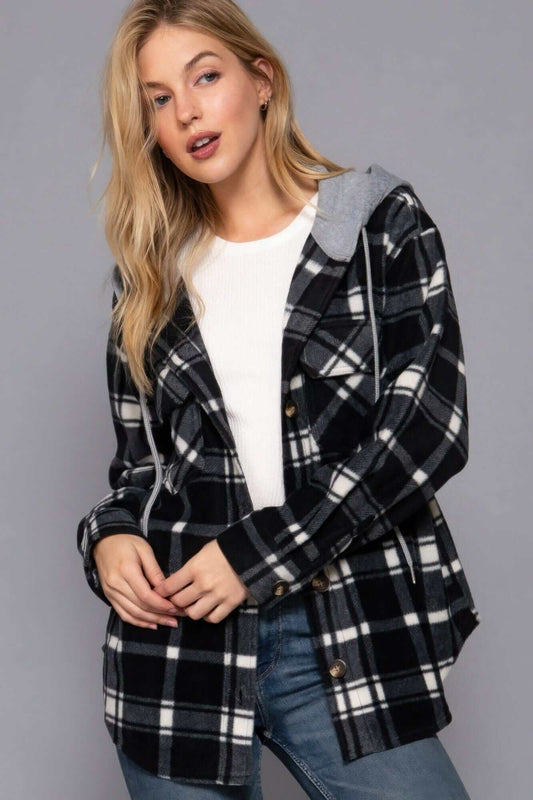 Plaid Print Hoodie Fleece Jacket - Black/Ivory