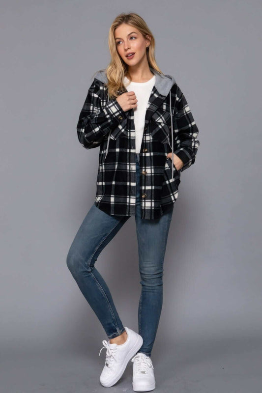 Plaid Print Hoodie Fleece Jacket - Black/Ivory