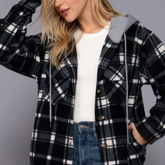 Plaid Print Hoodie Fleece Jacket - Black/Ivory