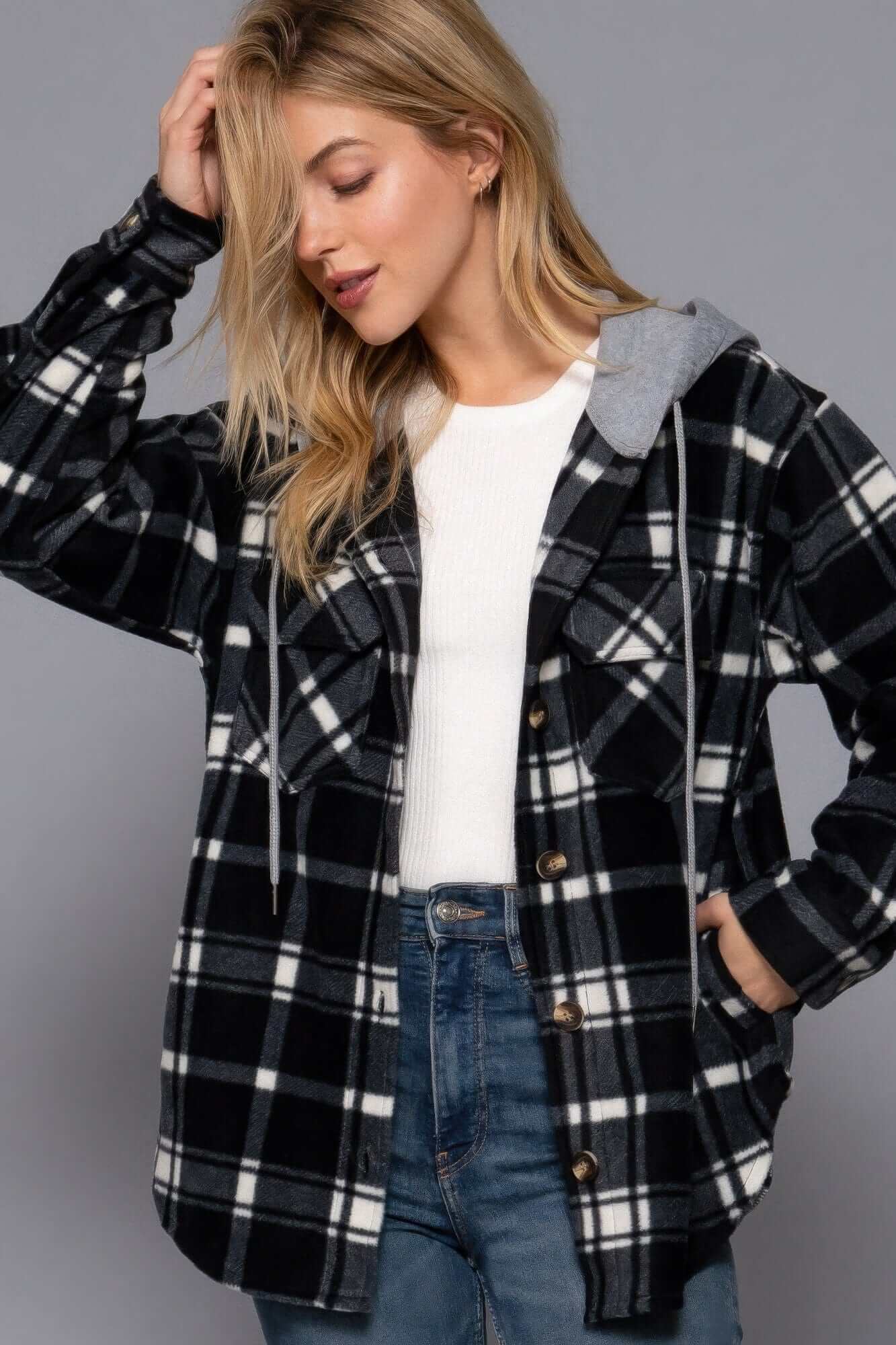 Plaid Print Hoodie Fleece Jacket - Black/Ivory