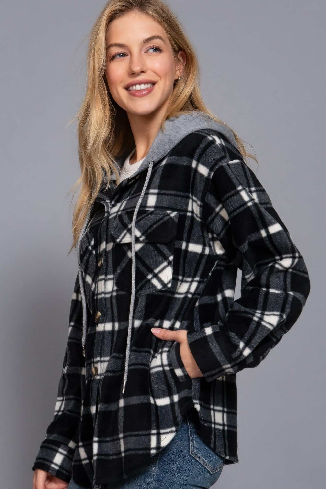 Plaid Print Hoodie Fleece Jacket - Black/Ivory