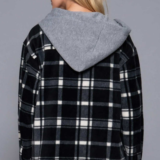 Plaid Print Hoodie Fleece Jacket - Black/Ivory