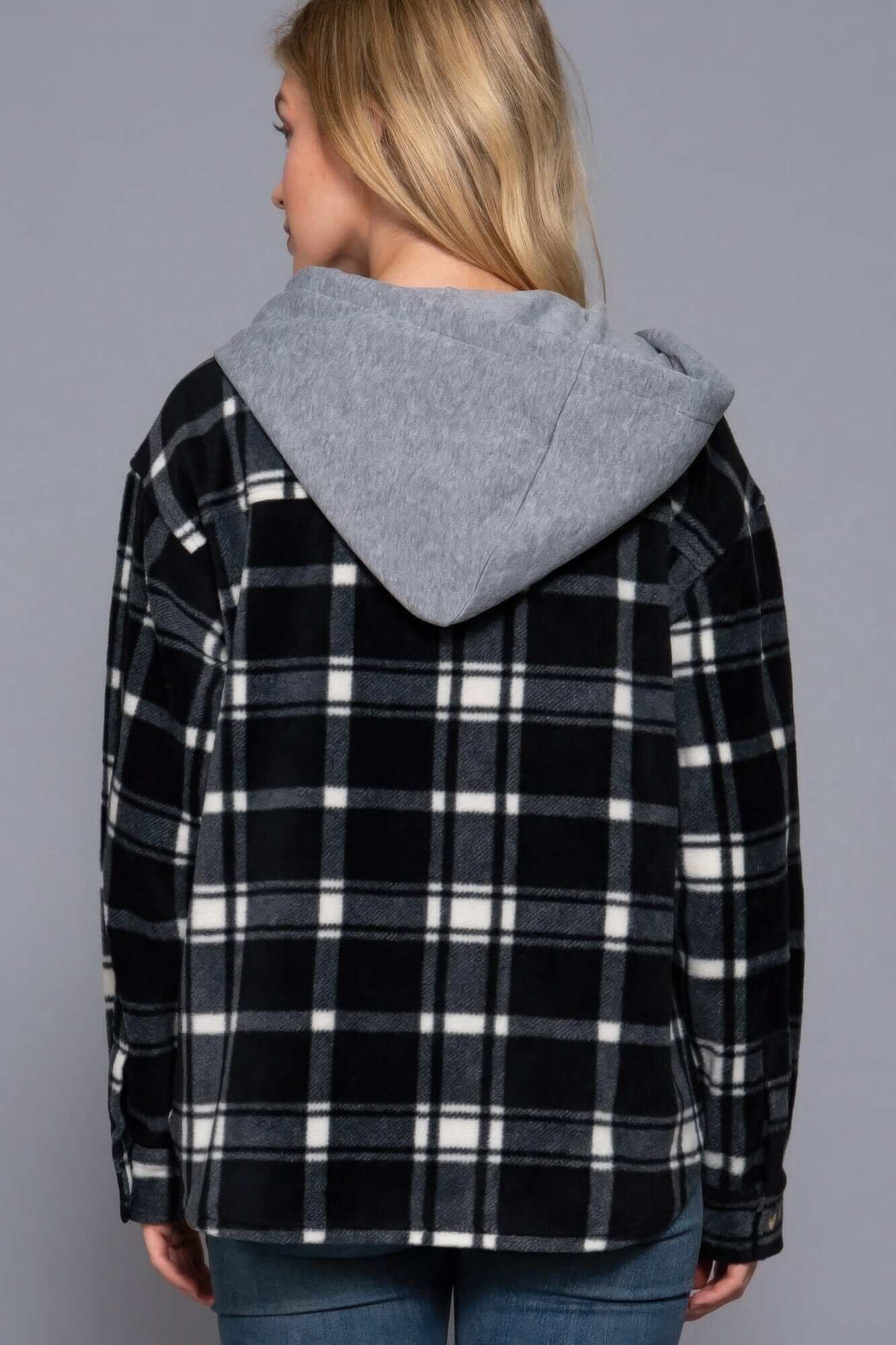 Plaid Print Hoodie Fleece Jacket - Black/Ivory