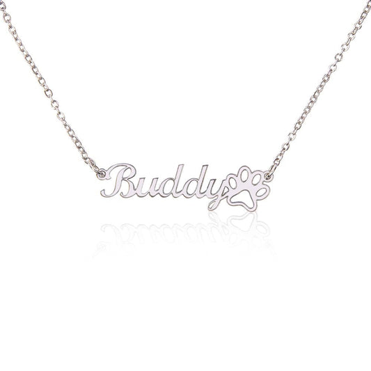 Polished Stainless Steel / Standard Box Personalized Paw Print Name Necklace