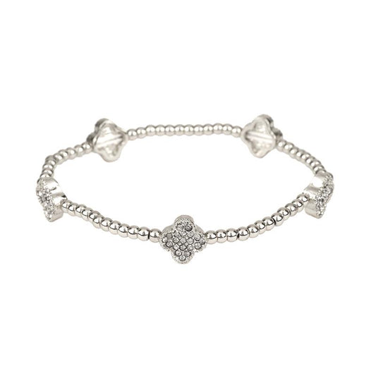 Rhodium Metal Flower Station Stretch Bracelet