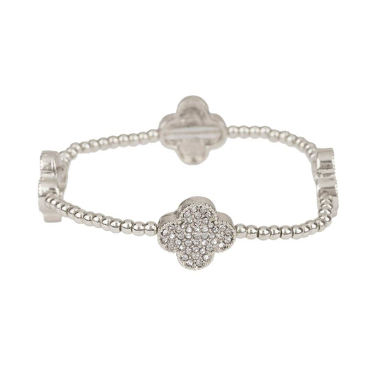 Rhodium Rhinestone Flower Elastic Bracelet