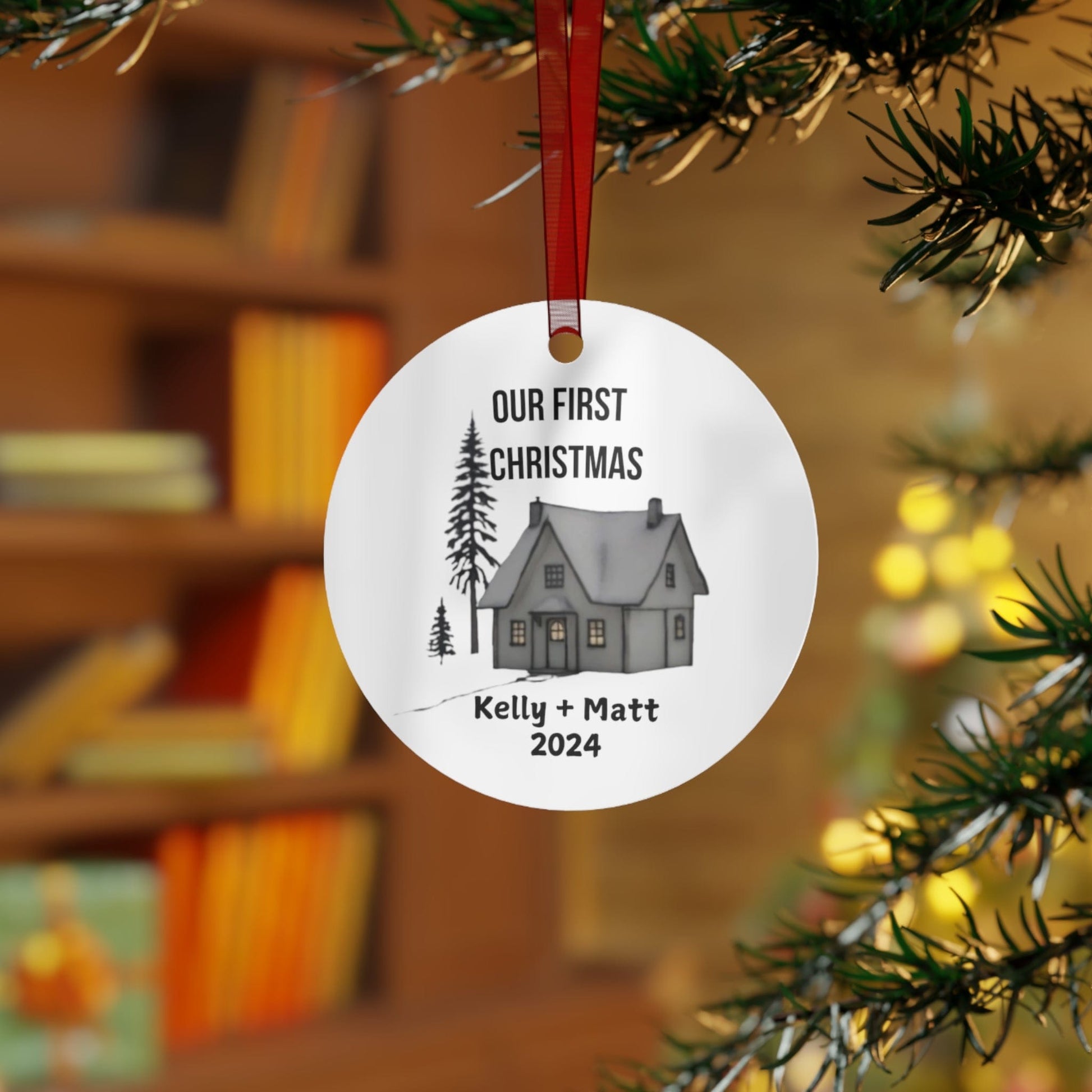 Round / One Size Our First Christmas Metal Ornament with Customizable Names/Year