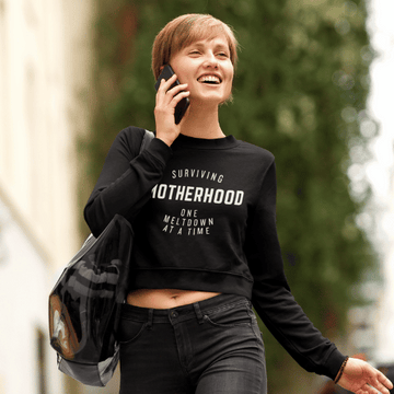 SURVIVING MOTHERHOOD ONE MELTDOWN AT A TIME -Cropped Fleece Crew