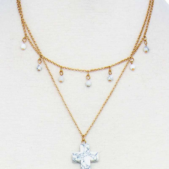 White Double Layered Cross Pendant Chain Necklace